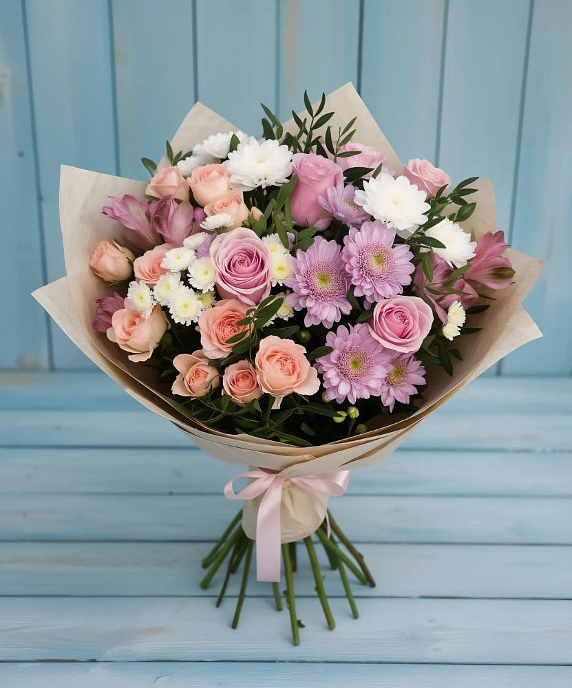 Букет цветов из: Хризантемы, Розы и Альстромерии в Лузино