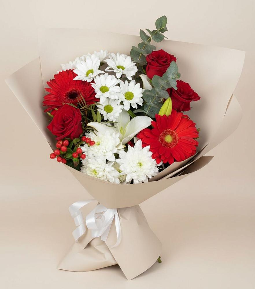 Букет цветов из: Розы, Хризантемы, Герберы и Лилии в Лузино