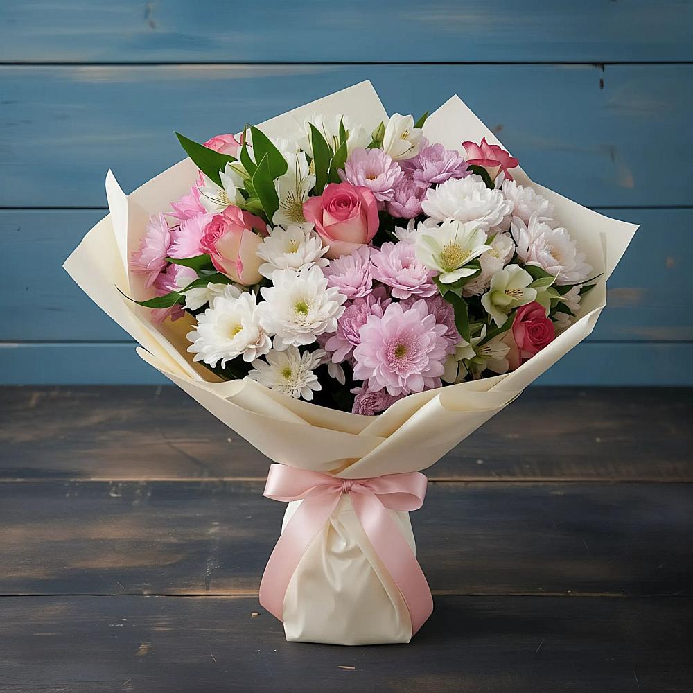 Букет цветов из: Хризантемы, Альстромерии и Розы в Лузино